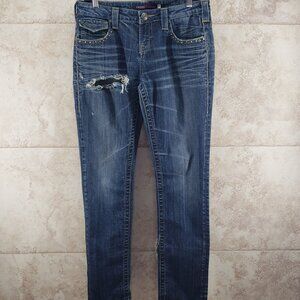 Distressed Embellished Holey Low Rise Straight Leg Jeans Vigoss Collection Sz 9